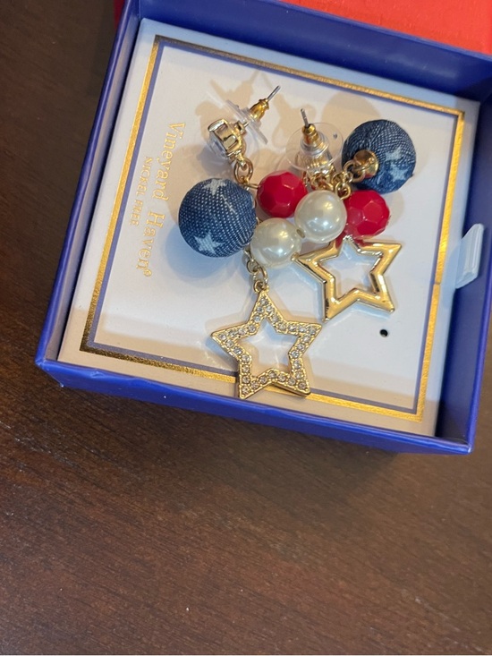 Jewelry - Gold Star Drop Earrings with Red, Navy & Pearl Accents